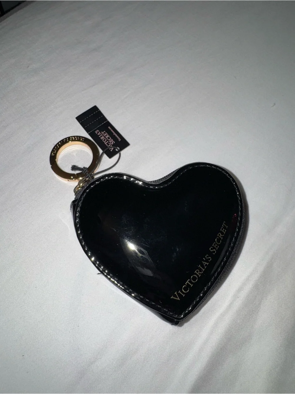 New Victoria's Secret Black Patent Heart Keyring Coin Pouch